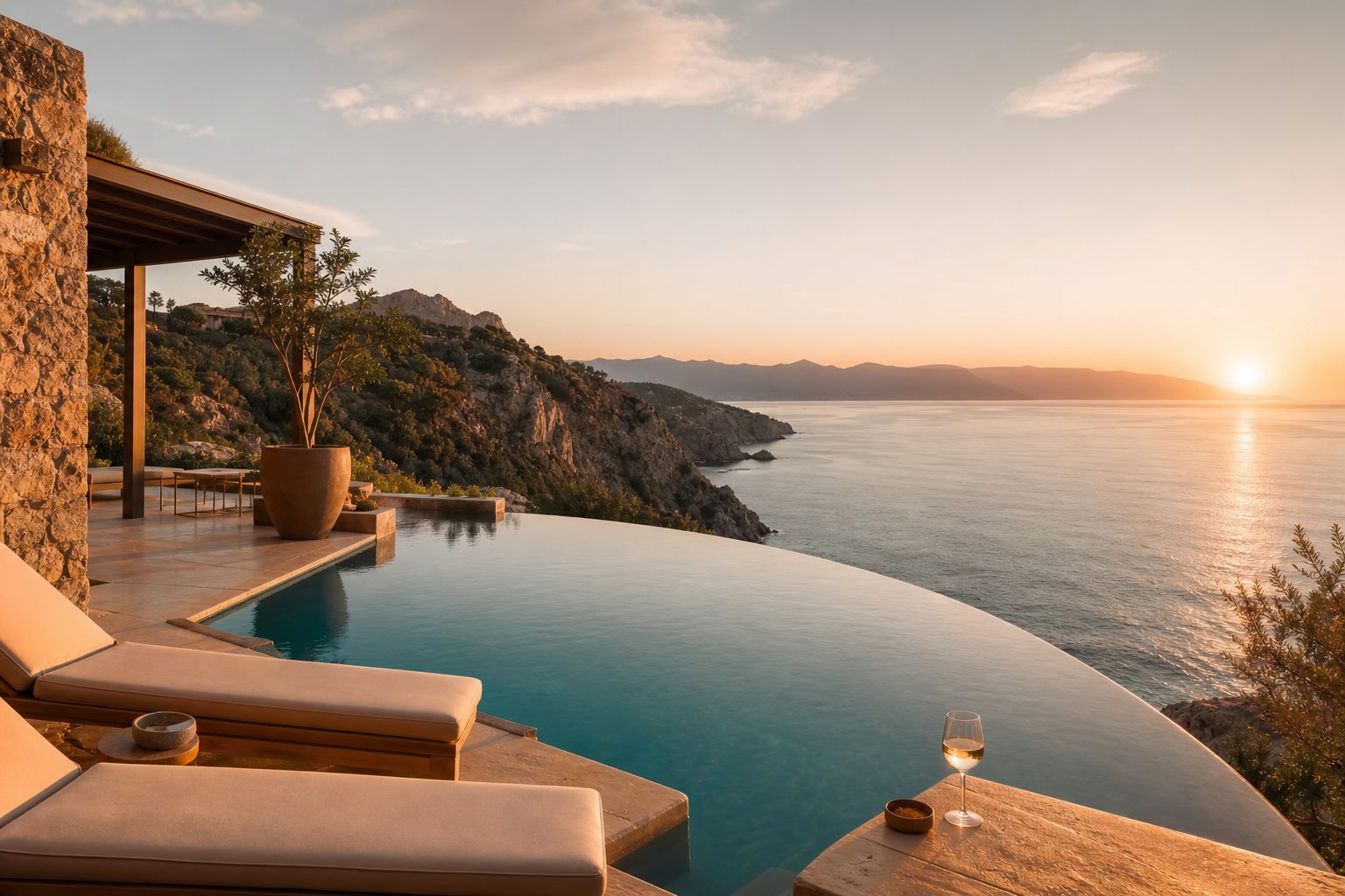 A clifftop infinity pool overlooking a calm sea at golden hour